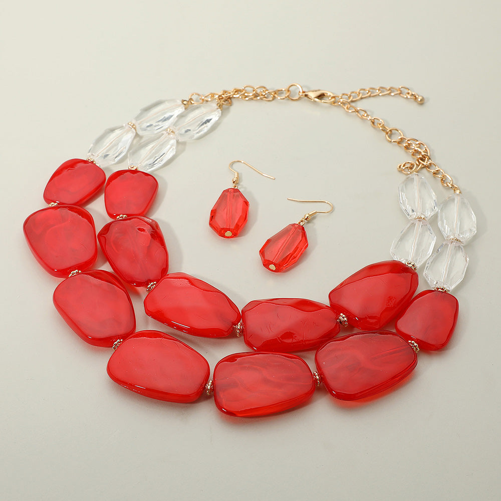 Madeline Love Gold, Red Chunky Abstract Resin Beaded Layered Statement Necklace - Necklaces