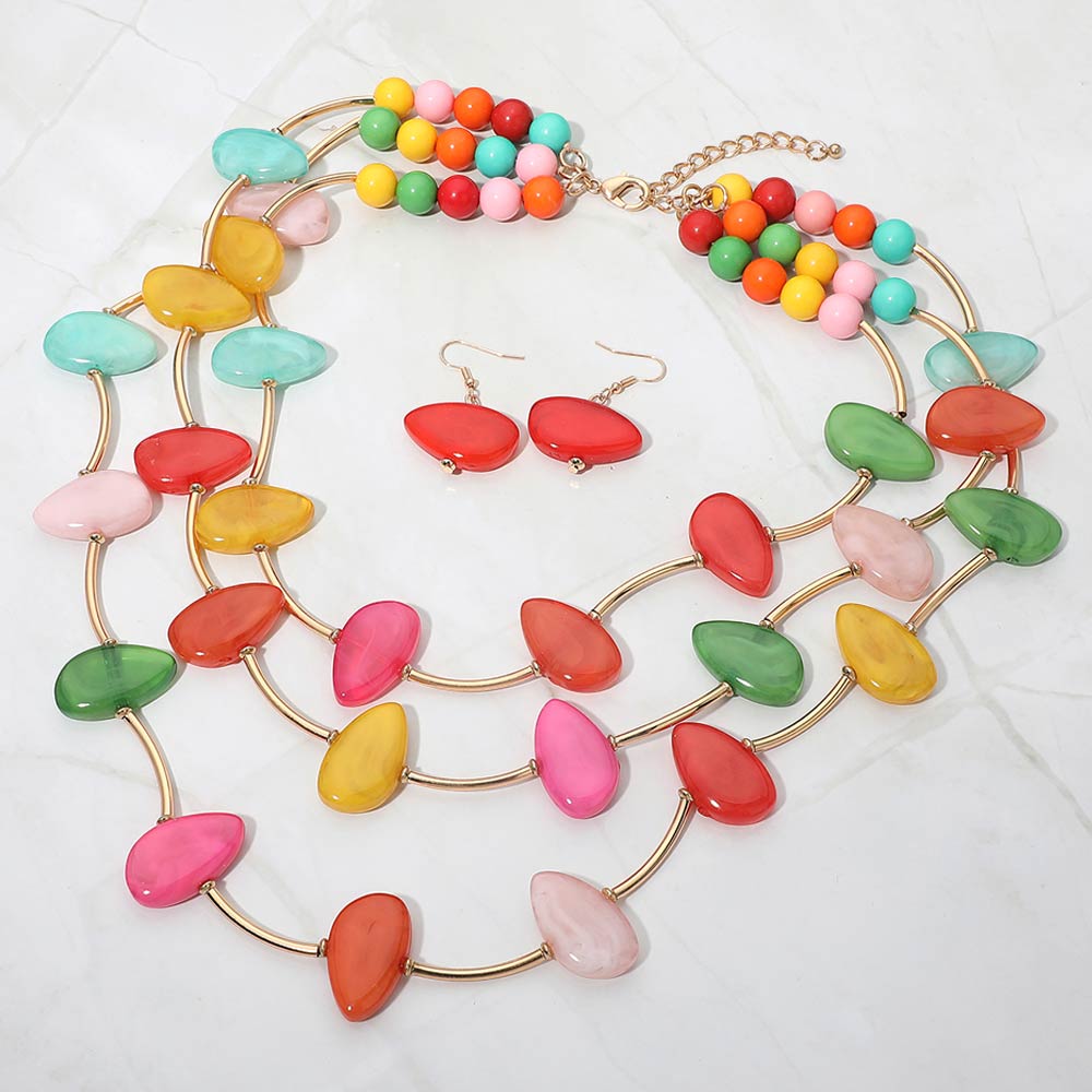 Madeline Love Gold, Multi Resin Pebble Curved Bar Beaded Layered Statement Necklace - Necklaces