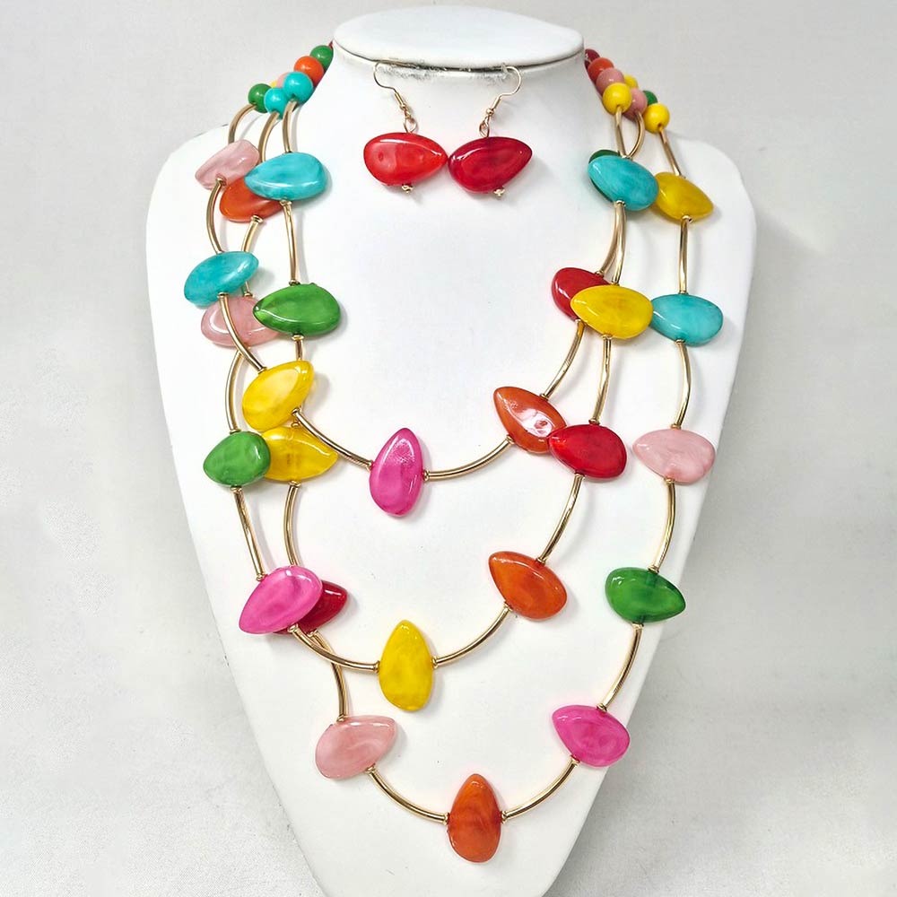 Madeline Love Gold, Multi Resin Pebble Curved Bar Beaded Layered Statement Necklace - Necklaces - extra