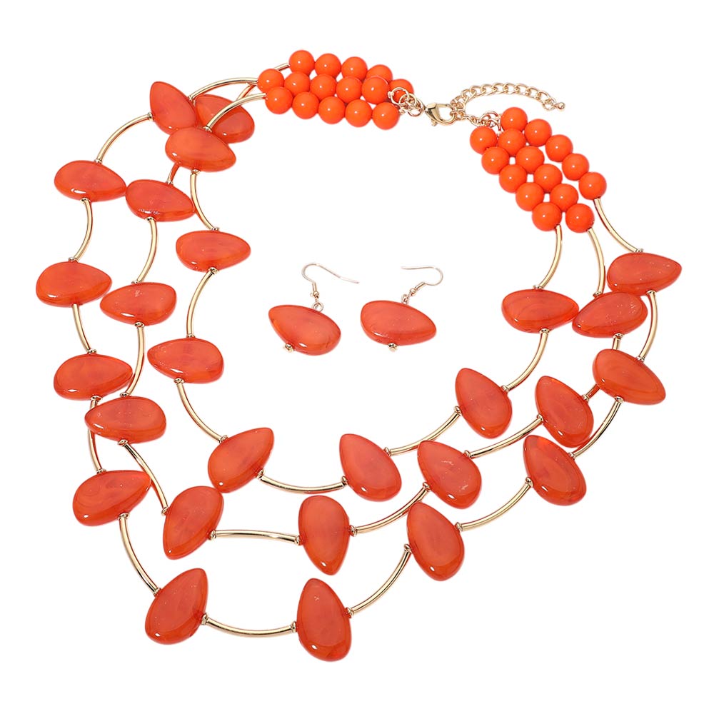 Madeline Love Gold, Orange Resin Pebble Curved Bar Beaded Layered Statement Necklace - Necklaces - desc