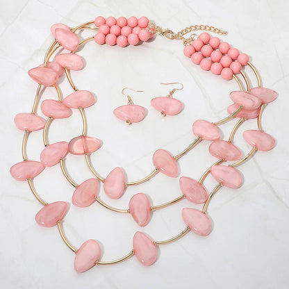 Madeline Love Gold, Pink Resin Pebble Curved Bar Beaded Layered Statement Necklace - Necklaces