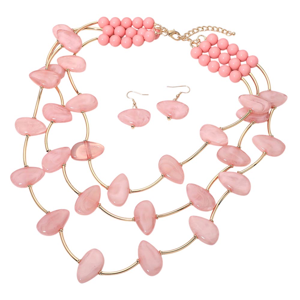 Madeline Love Gold, Pink Resin Pebble Curved Bar Beaded Layered Statement Necklace - Necklaces - desc