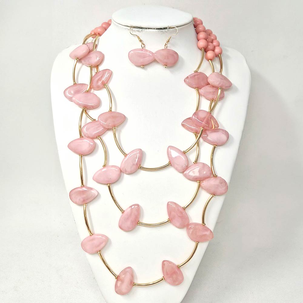 Madeline Love Gold, Pink Resin Pebble Curved Bar Beaded Layered Statement Necklace - Necklaces - extra