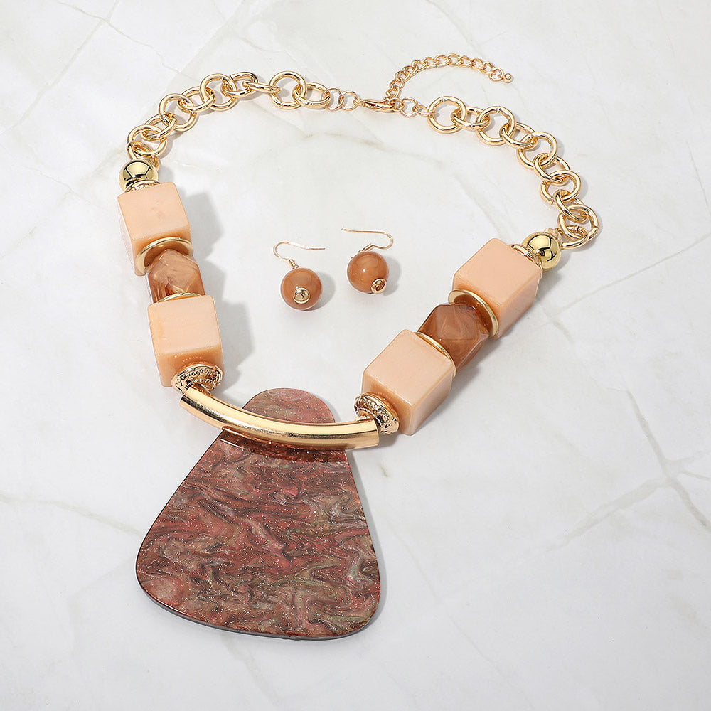 Madeline Love Brown, Gold Bold Geometric Resin Pendant Accent Statement Necklace - Necklaces