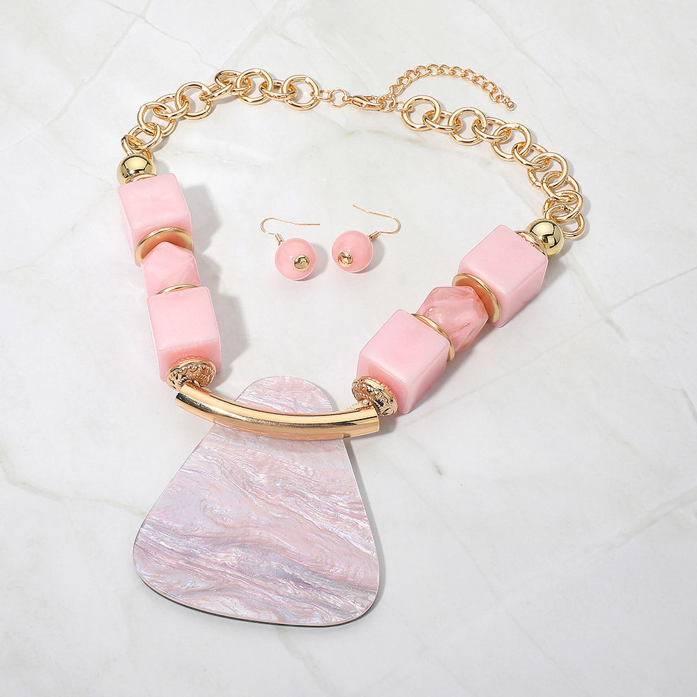 Madeline Love Gold, Pink Bold Geometric Resin Pendant Accent Statement Necklace - Necklaces