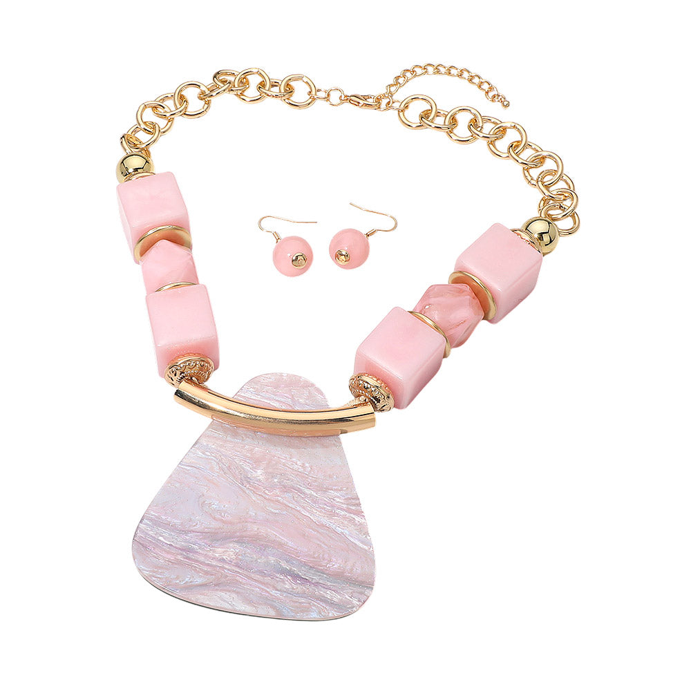 Madeline Love Gold, Pink Bold Geometric Resin Pendant Accent Statement Necklace - Necklaces - desc