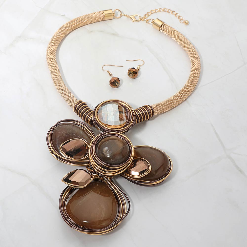 Madeline Love Brown, Gold Oversized Wired Round Stone Petal Floral Pendant Accent Statement Necklace - Necklaces