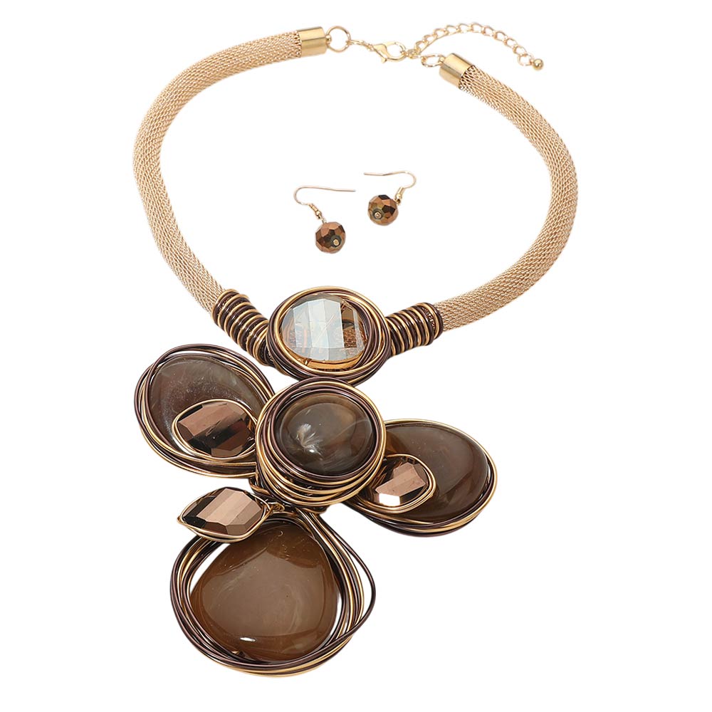 Madeline Love Brown, Gold Oversized Wired Round Stone Petal Floral Pendant Accent Statement Necklace - Necklaces - desc