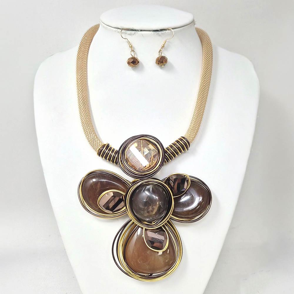 Madeline Love Brown, Gold Oversized Wired Round Stone Petal Floral Pendant Accent Statement Necklace - Necklaces - extra