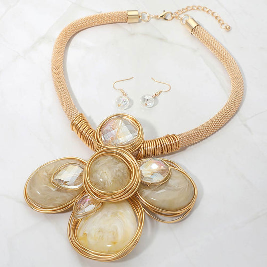 Madeline Love Gold, Ivory Oversized Wired Round Stone Petal Floral Pendant Accent Statement Necklace - Necklaces