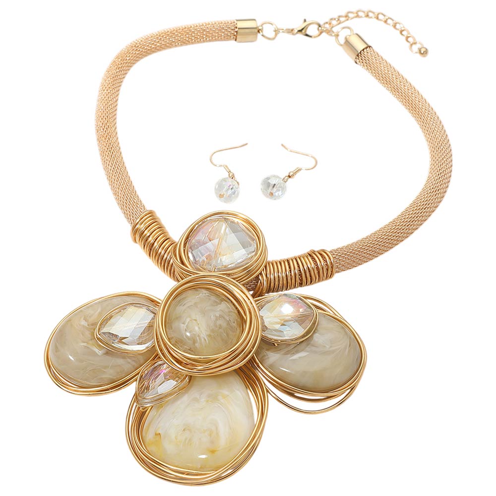Madeline Love Gold, Ivory Oversized Wired Round Stone Petal Floral Pendant Accent Statement Necklace - Necklaces - desc