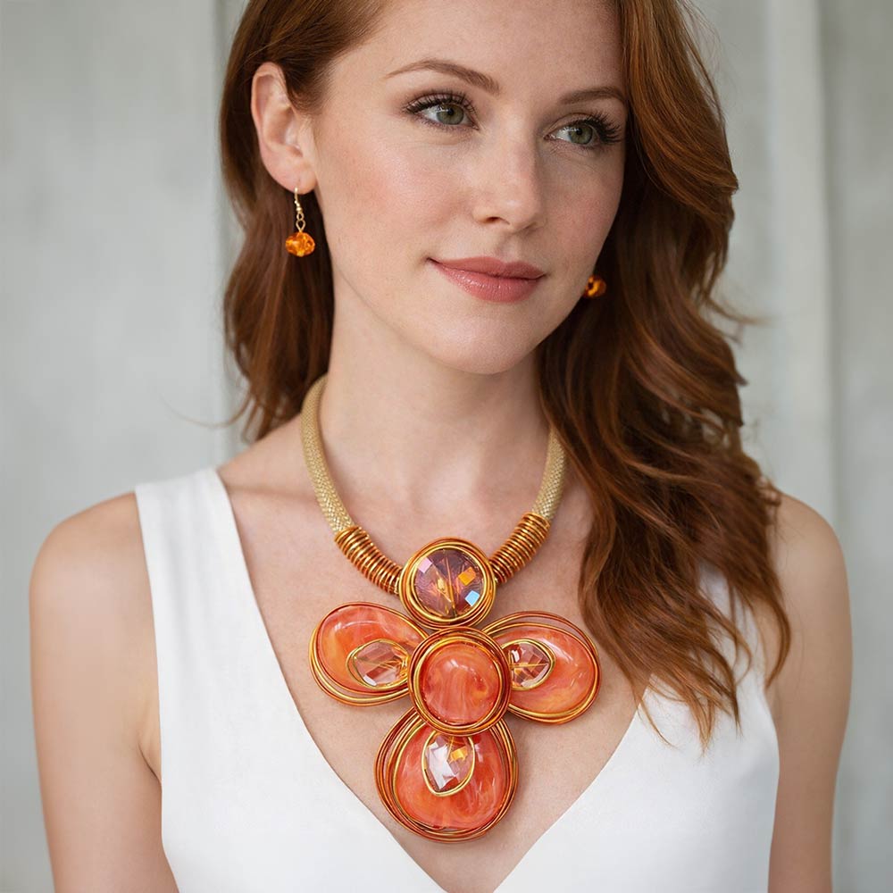 Madeline Love Gold, Orange Oversized Wired Round Stone Petal Floral Pendant Accent Statement Necklace - Necklaces