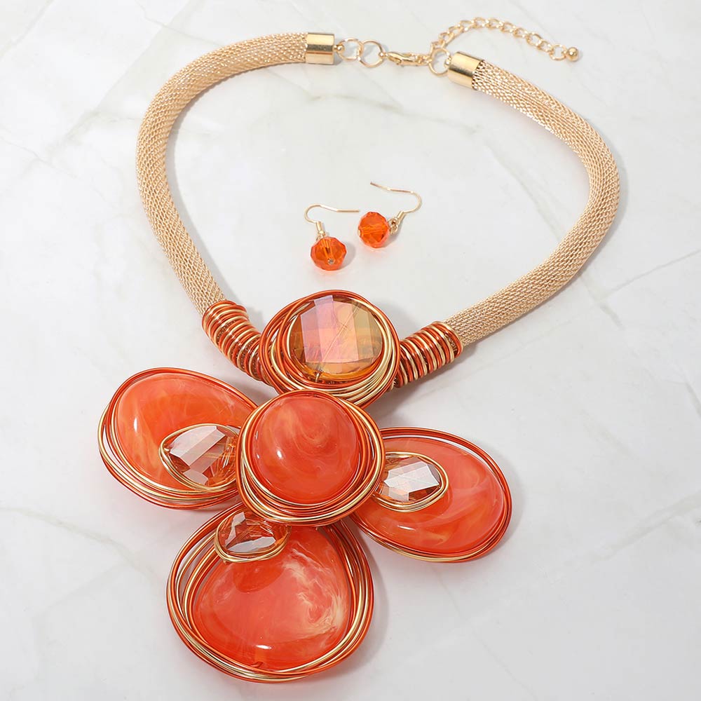 Madeline Love Gold, Orange Oversized Wired Round Stone Petal Floral Pendant Accent Statement Necklace - Necklaces - desc