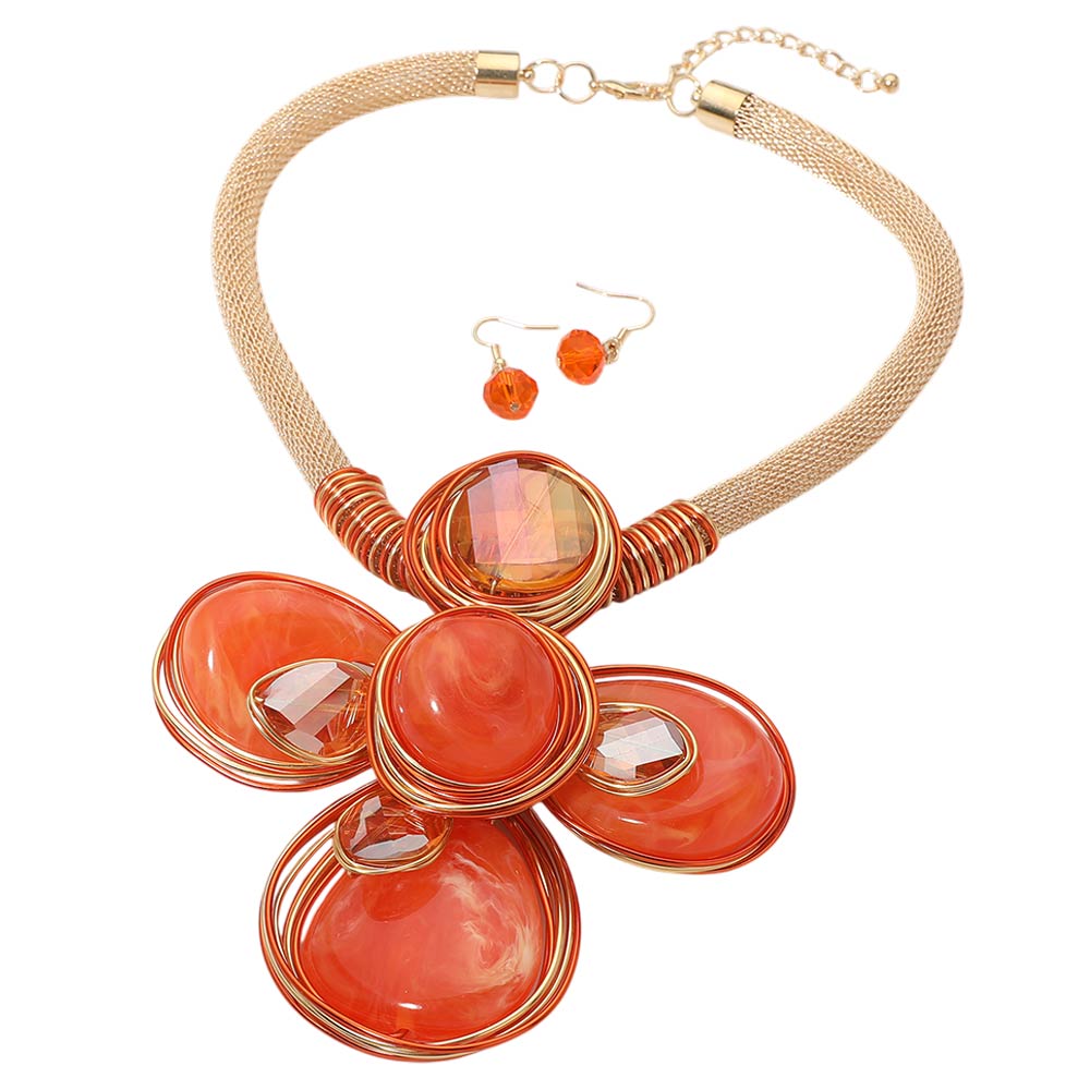 Madeline Love Gold, Orange Oversized Wired Round Stone Petal Floral Pendant Accent Statement Necklace - Necklaces - extra