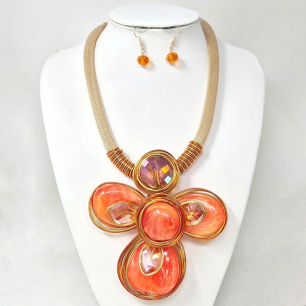 Madeline Love Gold, Orange Oversized Wired Round Stone Petal Floral Pendant Accent Statement Necklace - Necklaces - extra