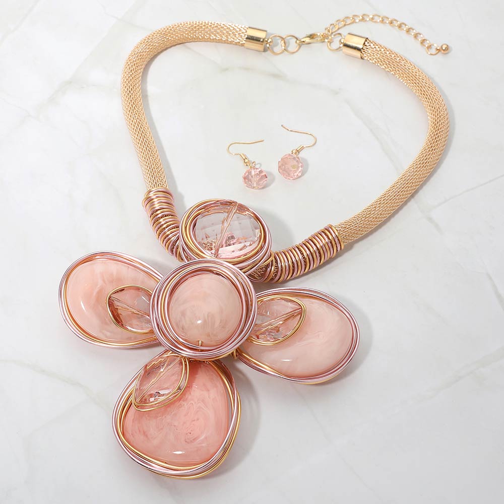 Madeline Love Gold, Pink Oversized Wired Round Stone Petal Floral Pendant Accent Statement Necklace - Necklaces
