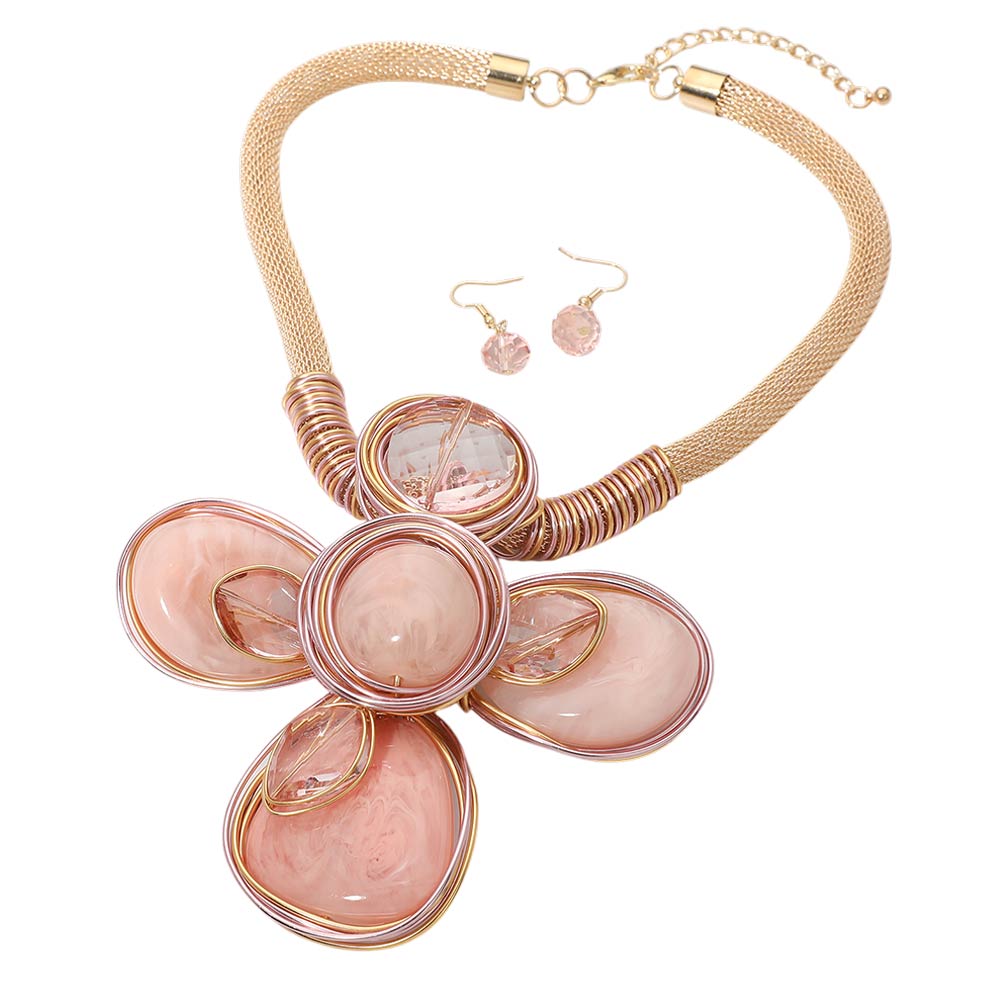 Madeline Love Gold, Pink Oversized Wired Round Stone Petal Floral Pendant Accent Statement Necklace - Necklaces - desc