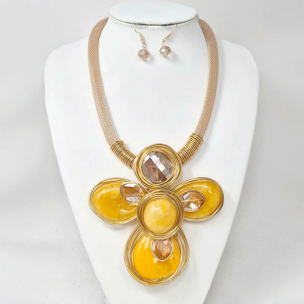 Madeline Love Gold, Yellow Oversized Wired Round Stone Petal Floral Pendant Accent Statement Necklace - Necklaces - extra