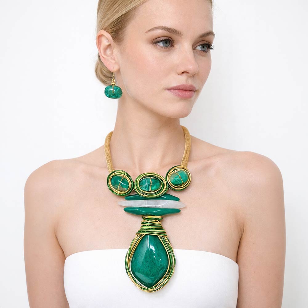 Madeline Love Gold, Green Bold Abstract Resin Stone Pendant Accent Statement Necklace - Necklaces