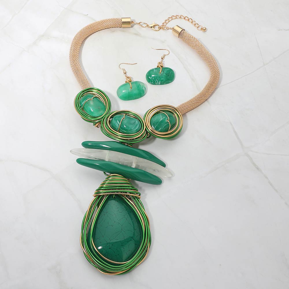 Madeline Love Gold, Green Bold Abstract Resin Stone Pendant Accent Statement Necklace - Necklaces - desc