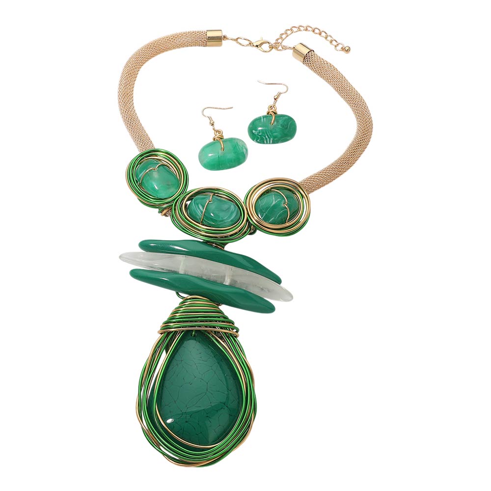 Madeline Love Gold, Green Bold Abstract Resin Stone Pendant Accent Statement Necklace - Necklaces - extra