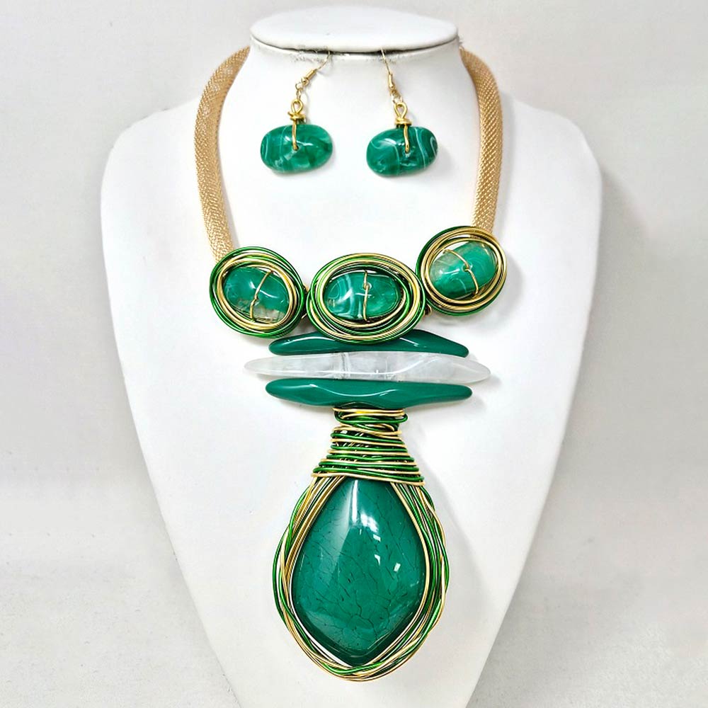 Madeline Love Gold, Green Bold Abstract Resin Stone Pendant Accent Statement Necklace - Necklaces - extra