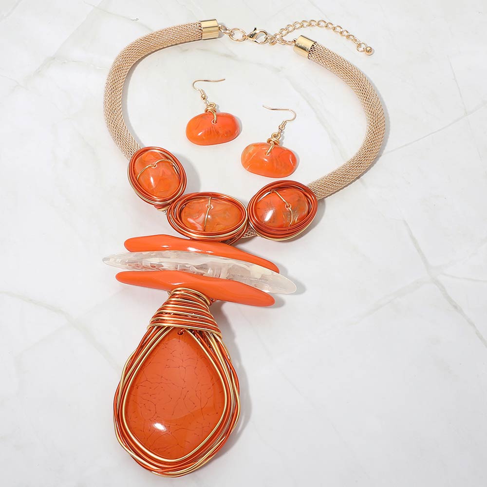 Madeline Love Gold, Orange Bold Abstract Resin Stone Pendant Accent Statement Necklace - Necklaces