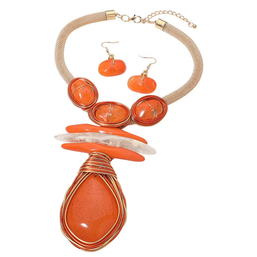 Madeline Love Gold, Orange Bold Abstract Resin Stone Pendant Accent Statement Necklace - Necklaces - desc