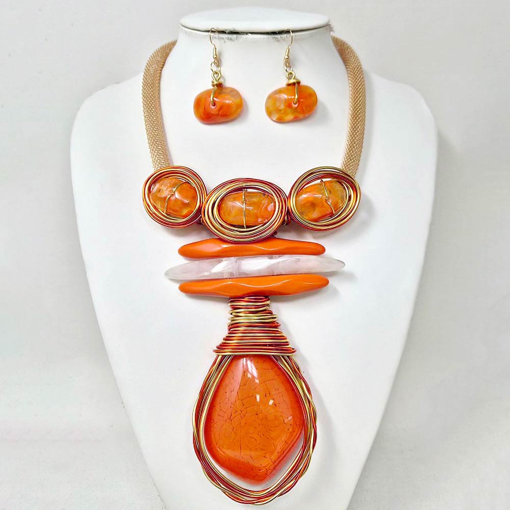 Madeline Love Gold, Orange Bold Abstract Resin Stone Pendant Accent Statement Necklace - Necklaces - extra