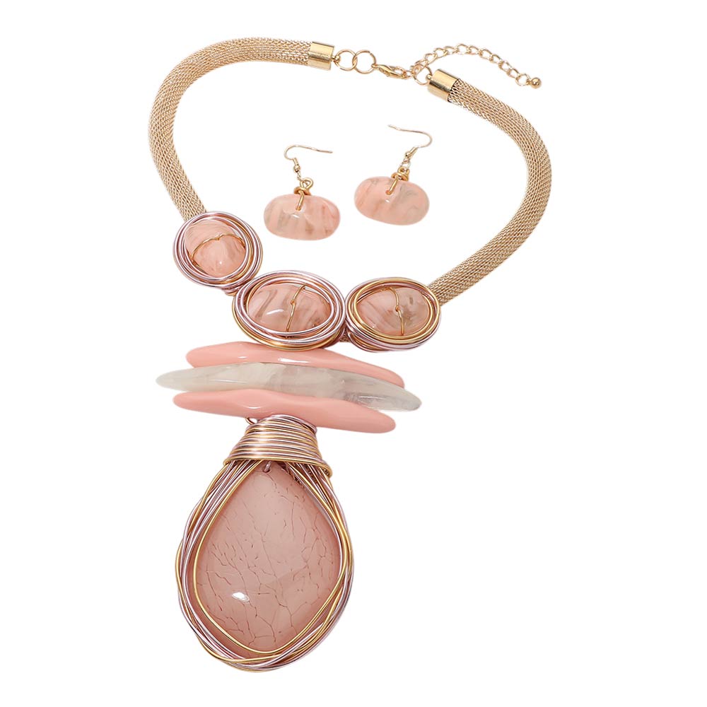 Madeline Love Gold, Pink Bold Abstract Resin Stone Pendant Accent Statement Necklace - Necklaces - desc