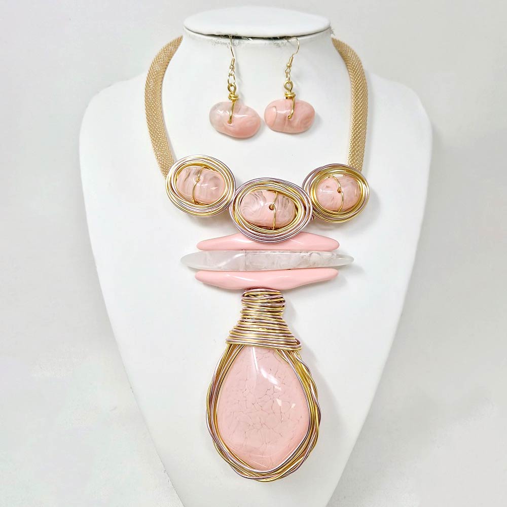 Madeline Love Gold, Pink Bold Abstract Resin Stone Pendant Accent Statement Necklace - Necklaces - extra