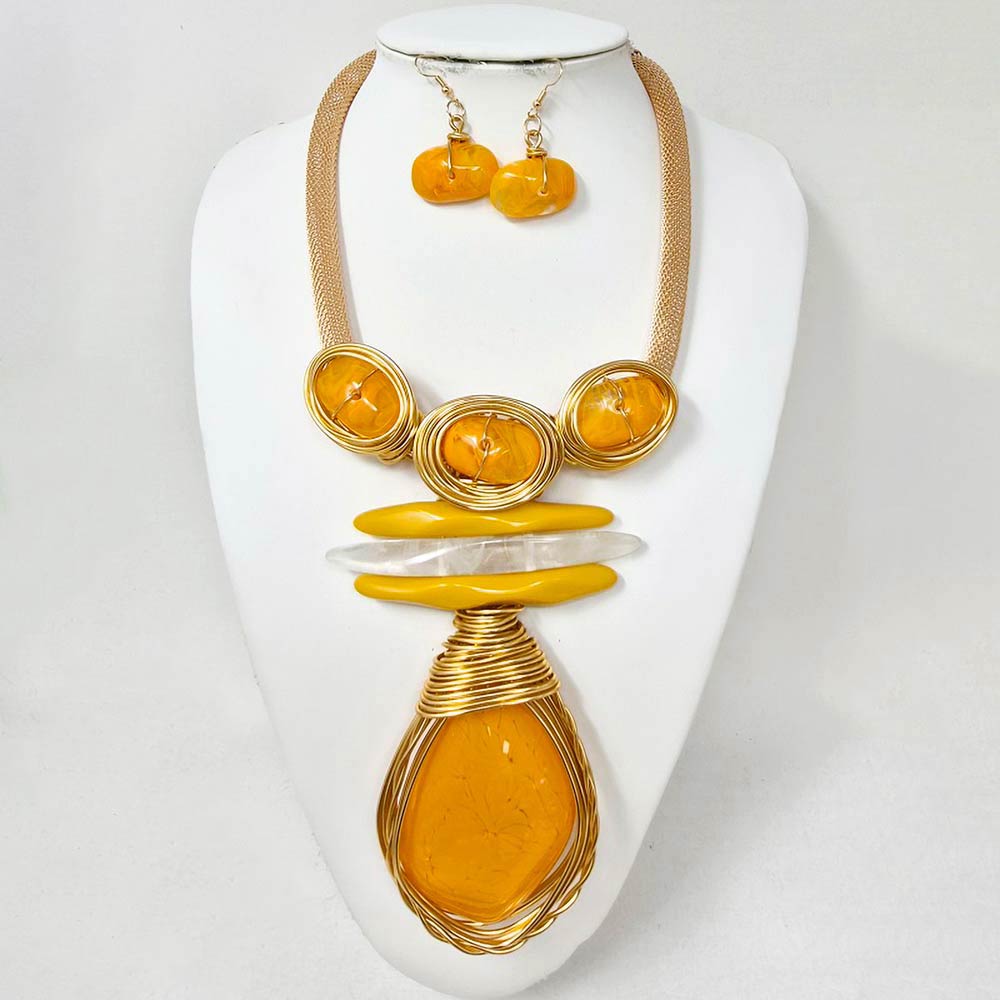 Madeline Love Gold, Yellow Bold Abstract Resin Stone Pendant Accent Statement Necklace - Necklaces - extra