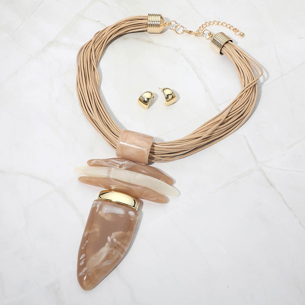Madeline Love Brown, Gold Bold Abstract Marbled Resin Pendant Accent Multi Strand Cord Statement Necklace - Necklaces