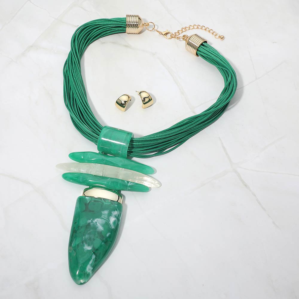 Madeline Love Gold, Green Bold Abstract Marbled Resin Pendant Accent Multi Strand Cord Statement Necklace - Necklaces