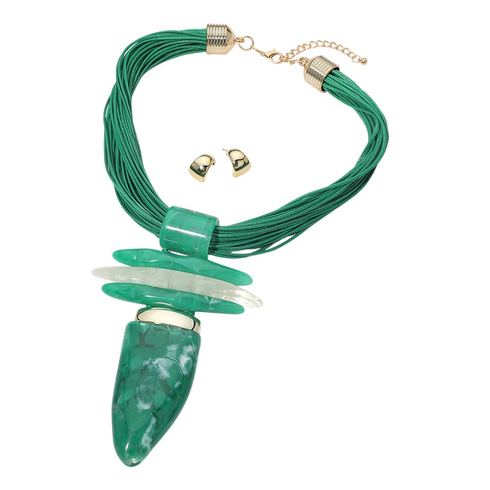 Madeline Love Gold, Green Bold Abstract Marbled Resin Pendant Accent Multi Strand Cord Statement Necklace - Necklaces - desc