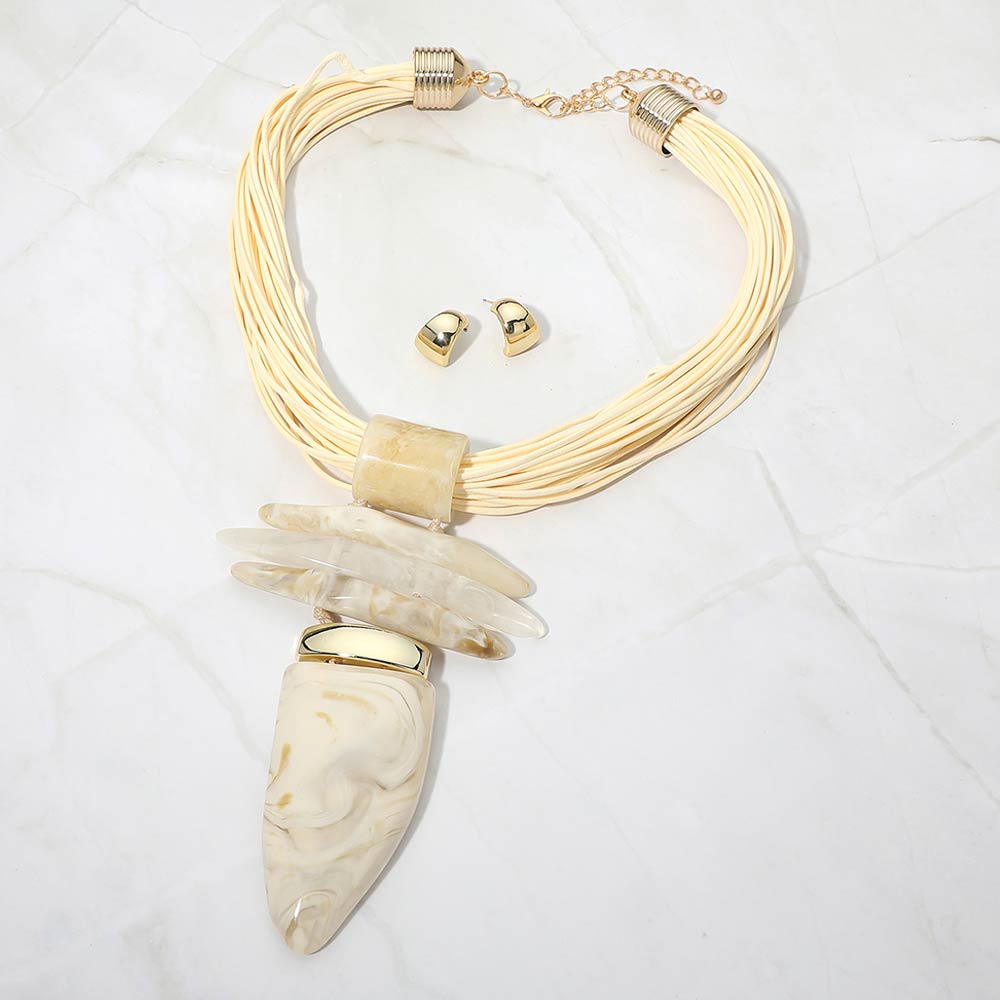 Madeline Love Gold, Ivory Bold Abstract Marbled Resin Pendant Accent Multi Strand Cord Statement Necklace - Necklaces