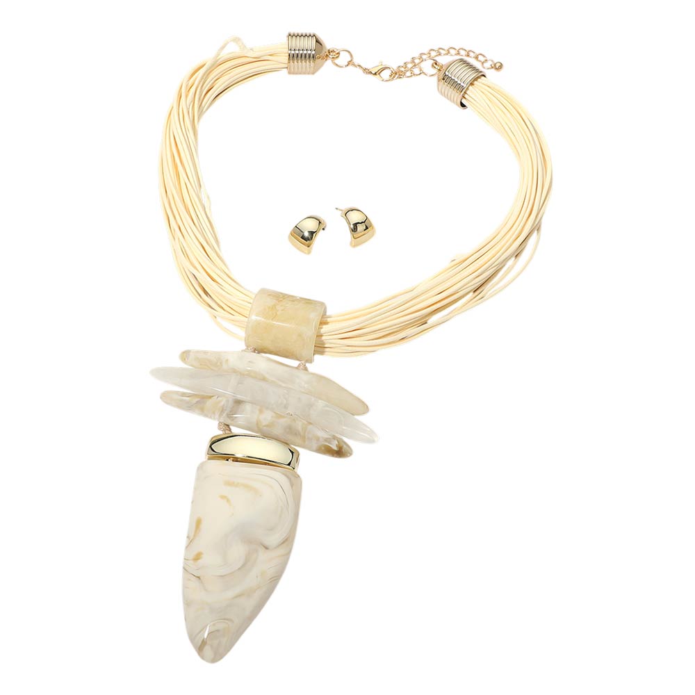 Madeline Love Gold, Ivory Bold Abstract Marbled Resin Pendant Accent Multi Strand Cord Statement Necklace - Necklaces - desc