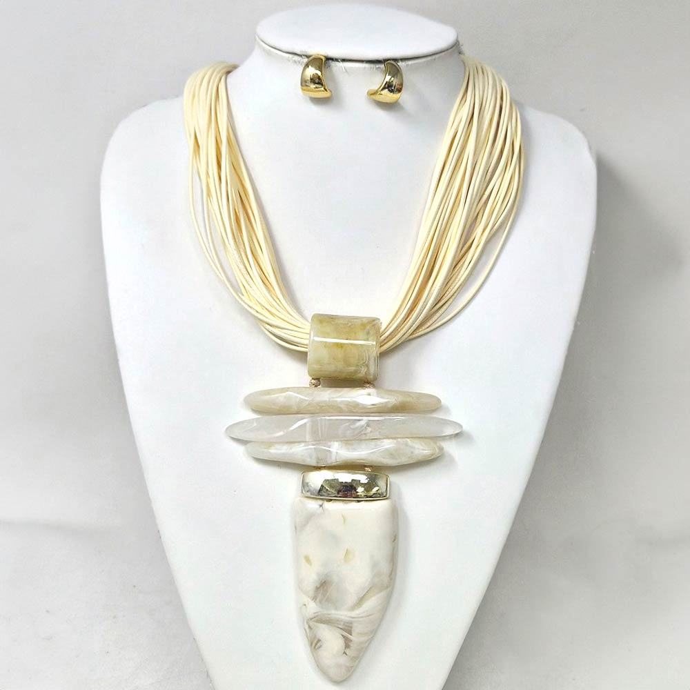 Madeline Love Gold, Ivory Bold Abstract Marbled Resin Pendant Accent Multi Strand Cord Statement Necklace - Necklaces - extra