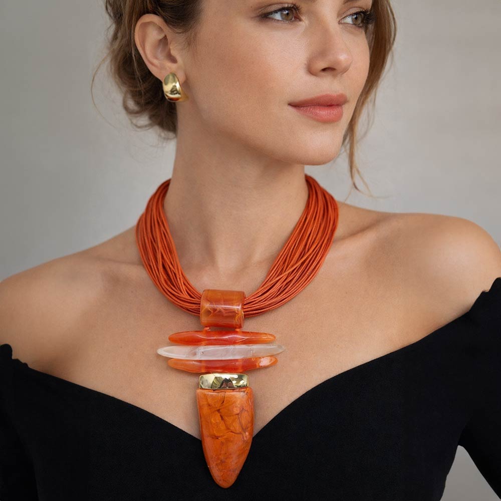 Madeline Love Gold, Orange Bold Abstract Marbled Resin Pendant Accent Multi Strand Cord Statement Necklace - Necklaces