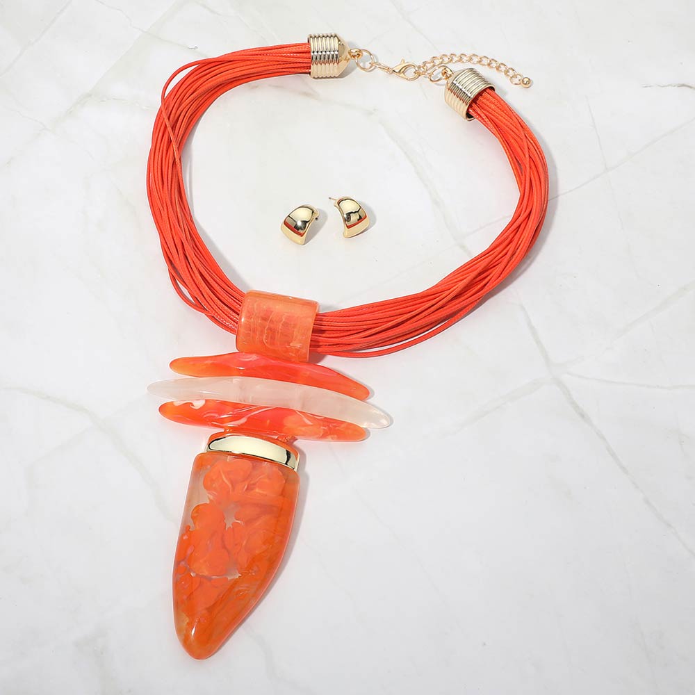 Madeline Love Gold, Orange Bold Abstract Marbled Resin Pendant Accent Multi Strand Cord Statement Necklace - Necklaces - desc