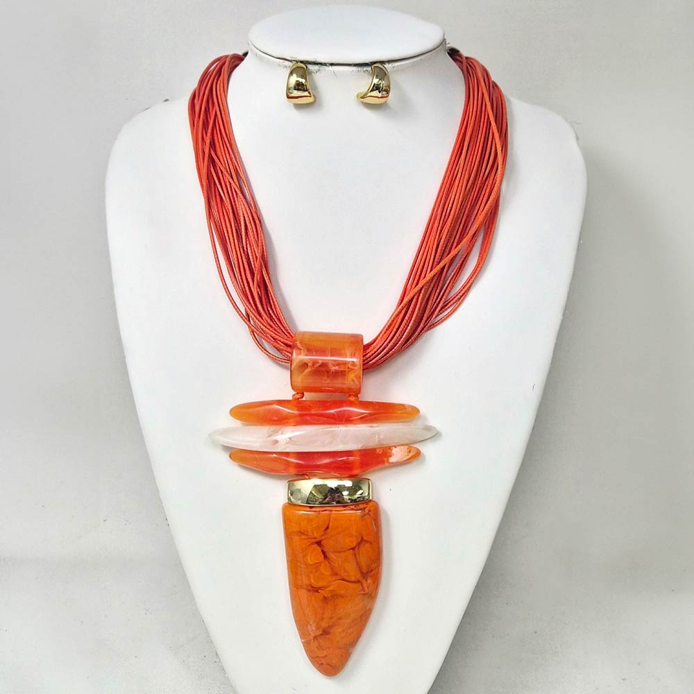 Madeline Love Gold, Orange Bold Abstract Marbled Resin Pendant Accent Multi Strand Cord Statement Necklace - Necklaces - extra
