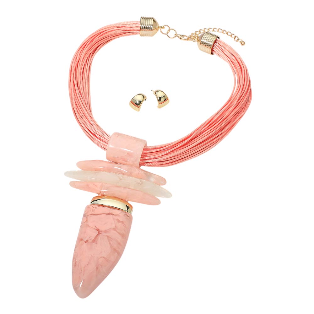Madeline Love Gold, Pink Bold Abstract Marbled Resin Pendant Accent Multi Strand Cord Statement Necklace - Necklaces - desc