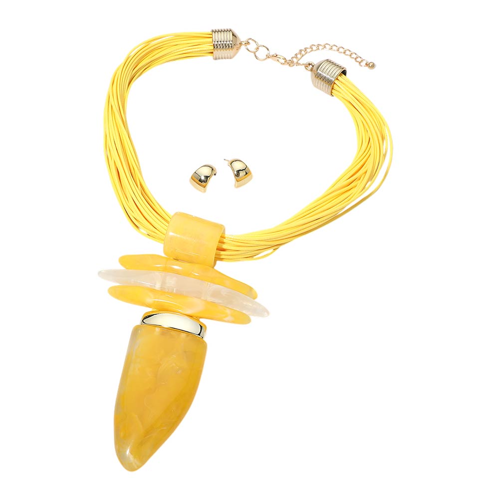 Madeline Love Gold, Yellow Bold Abstract Marbled Resin Pendant Accent Multi Strand Cord Statement Necklace - Necklaces - desc