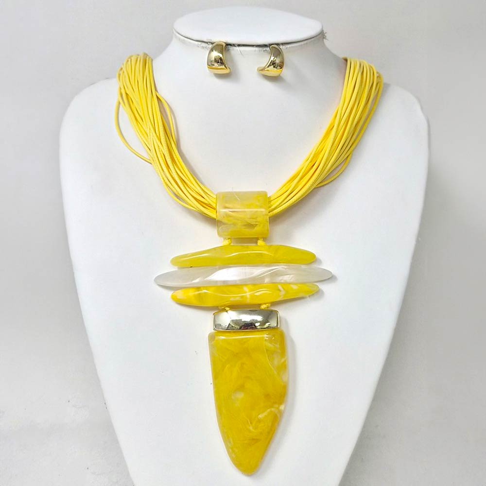 Madeline Love Gold, Yellow Bold Abstract Marbled Resin Pendant Accent Multi Strand Cord Statement Necklace - Necklaces - extra