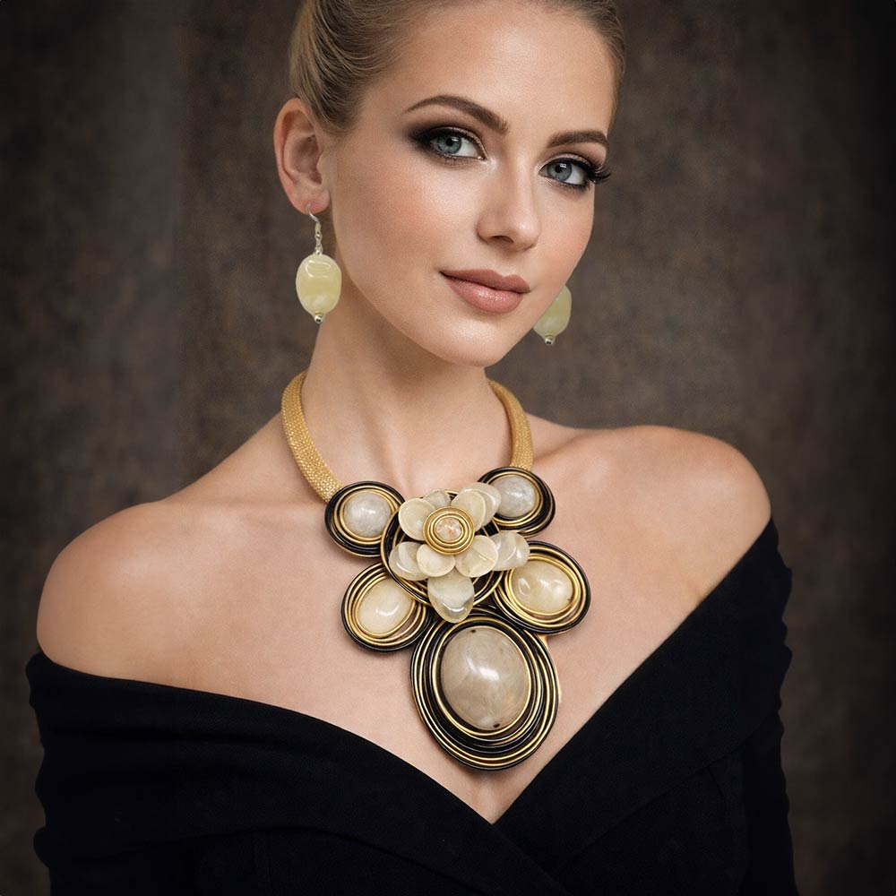 Madeline Love Gold, Ivory Bold Floral Stone Center Wired Resin Embellished Pendant Statement Necklace - Necklaces