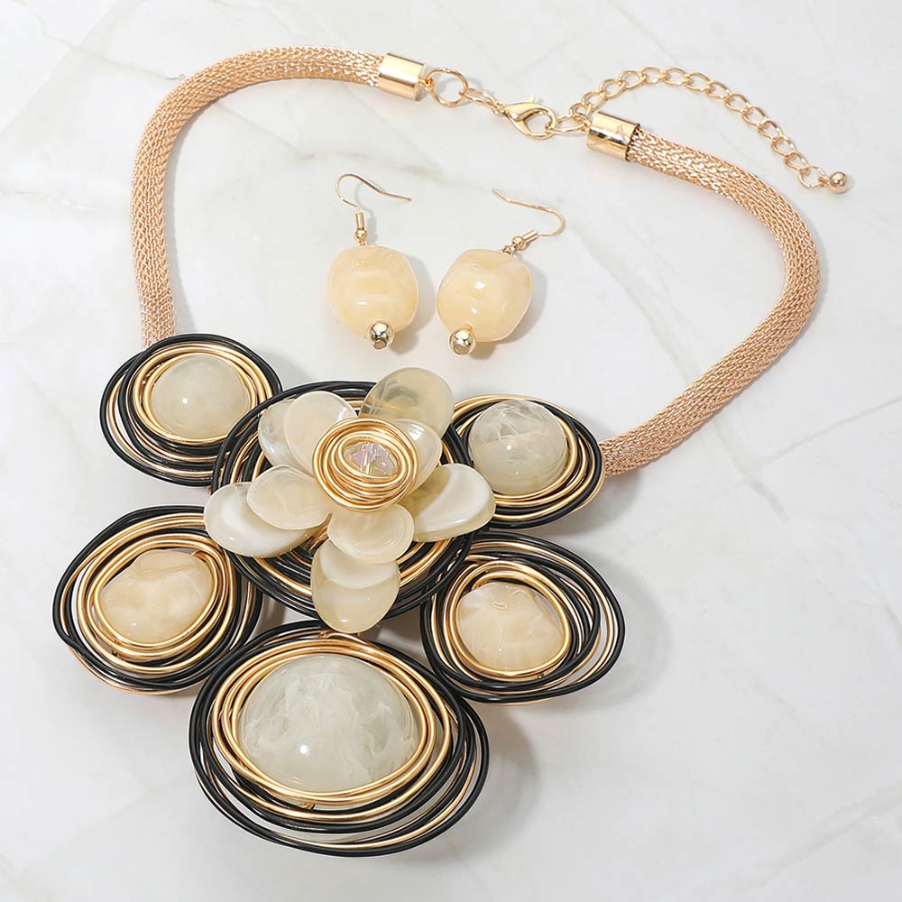 Madeline Love Gold, Ivory Bold Floral Stone Center Wired Resin Embellished Pendant Statement Necklace - Necklaces - desc