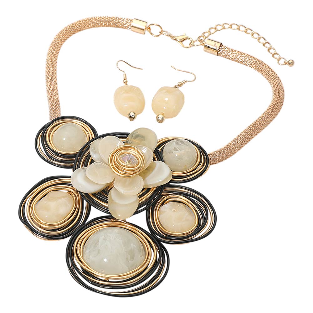 Madeline Love Gold, Ivory Bold Floral Stone Center Wired Resin Embellished Pendant Statement Necklace - Necklaces - extra