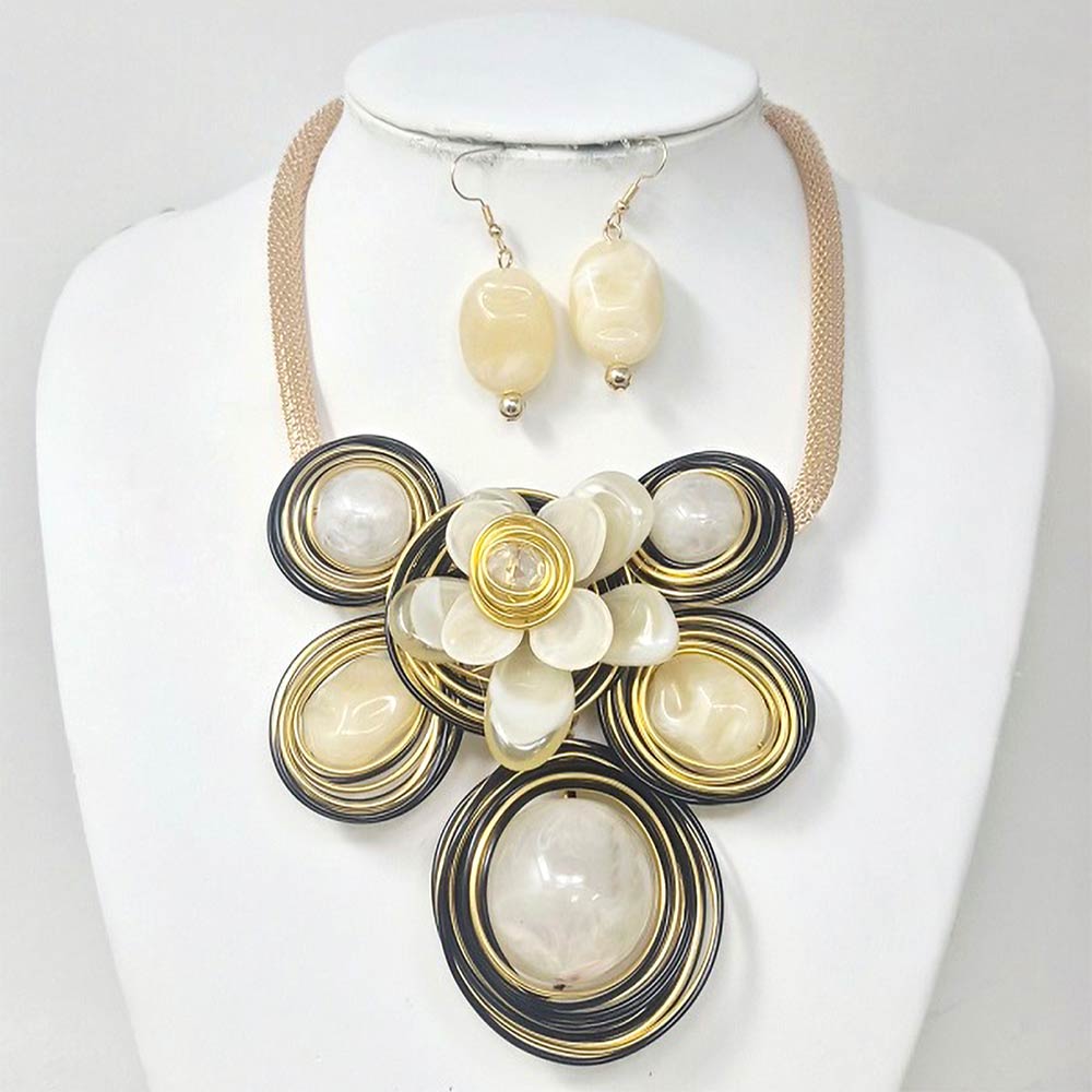 Madeline Love Gold, Ivory Bold Floral Stone Center Wired Resin Embellished Pendant Statement Necklace - Necklaces - extra
