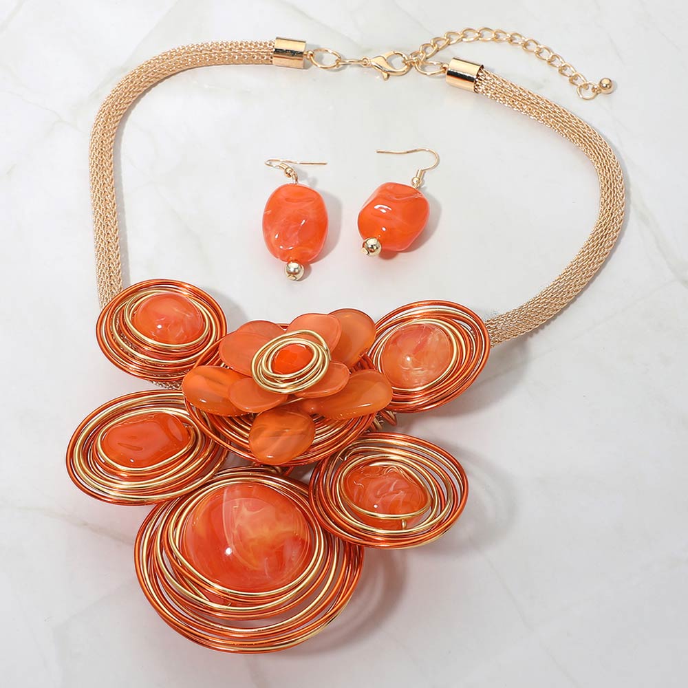 Madeline Love Gold, Orange Bold Floral Stone Center Wired Resin Embellished Pendant Statement Necklace - Necklaces