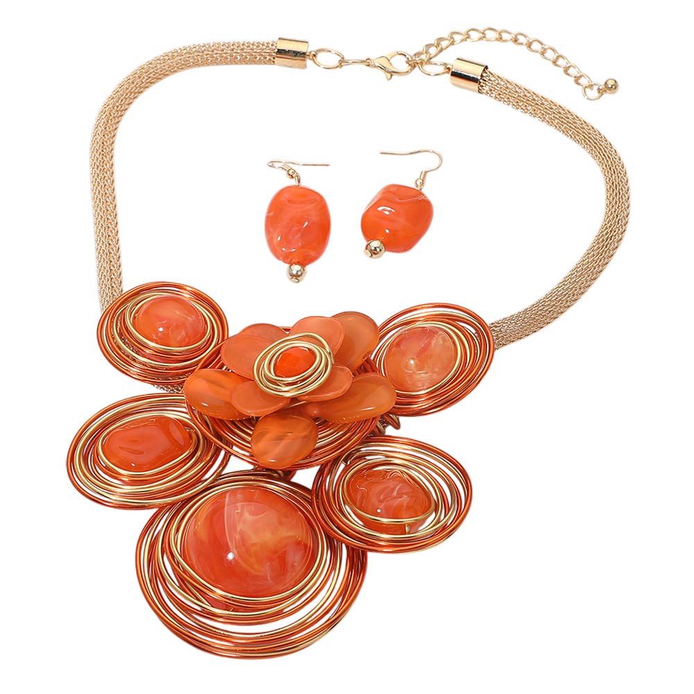 Madeline Love Gold, Orange Bold Floral Stone Center Wired Resin Embellished Pendant Statement Necklace - Necklaces - desc